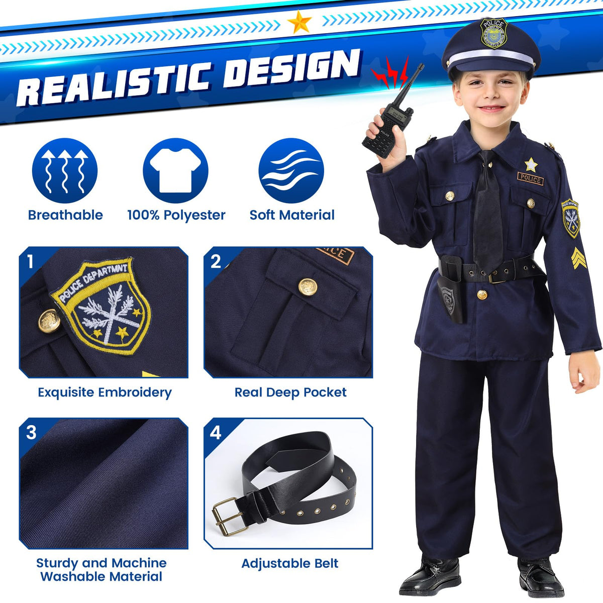 Skirfy police costume kids accessories including hat and tie for authentic look.