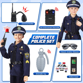 Skirfy kids police set includes recorder and walkie-talkie for realistic scenarios.
