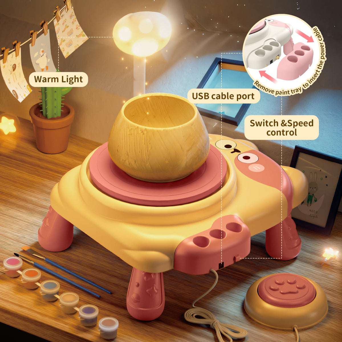 Skirfy pottery wheel built in light illuminates details for precise decorating.