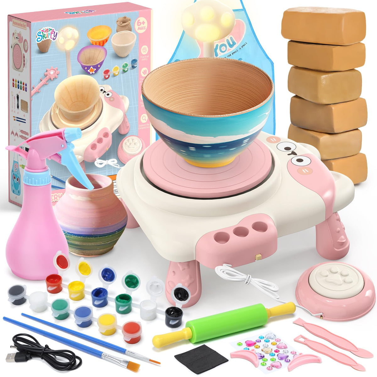 Skirfy pottery wheel for kids setup offers beginner friendly workspace.