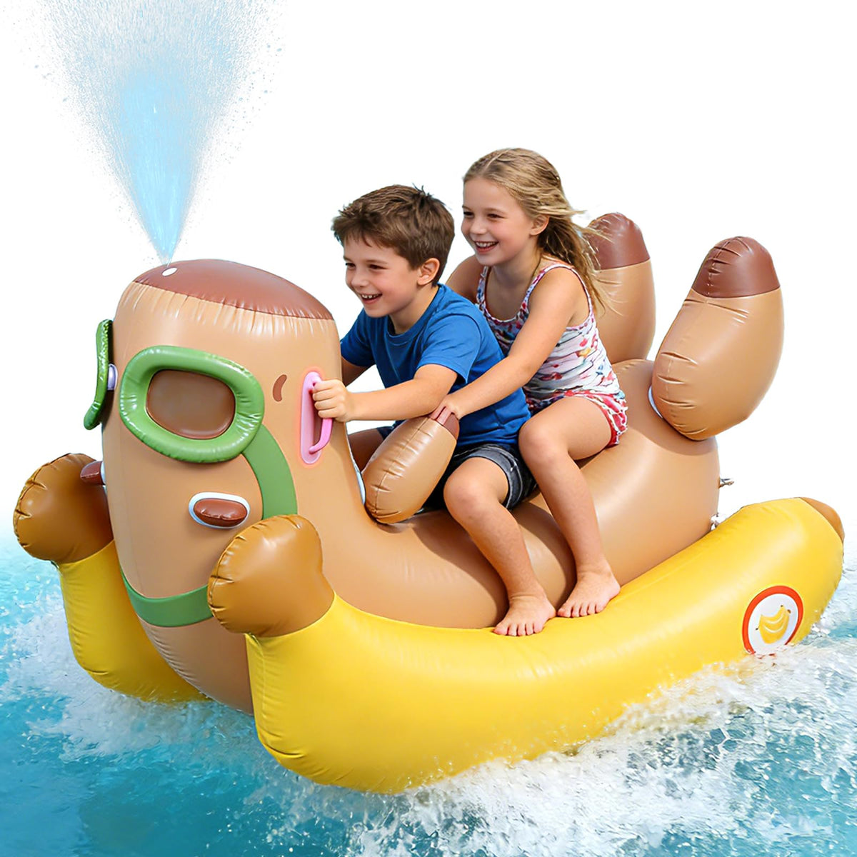 Skirfy sprinkler pool float connected to hose for cooling water play