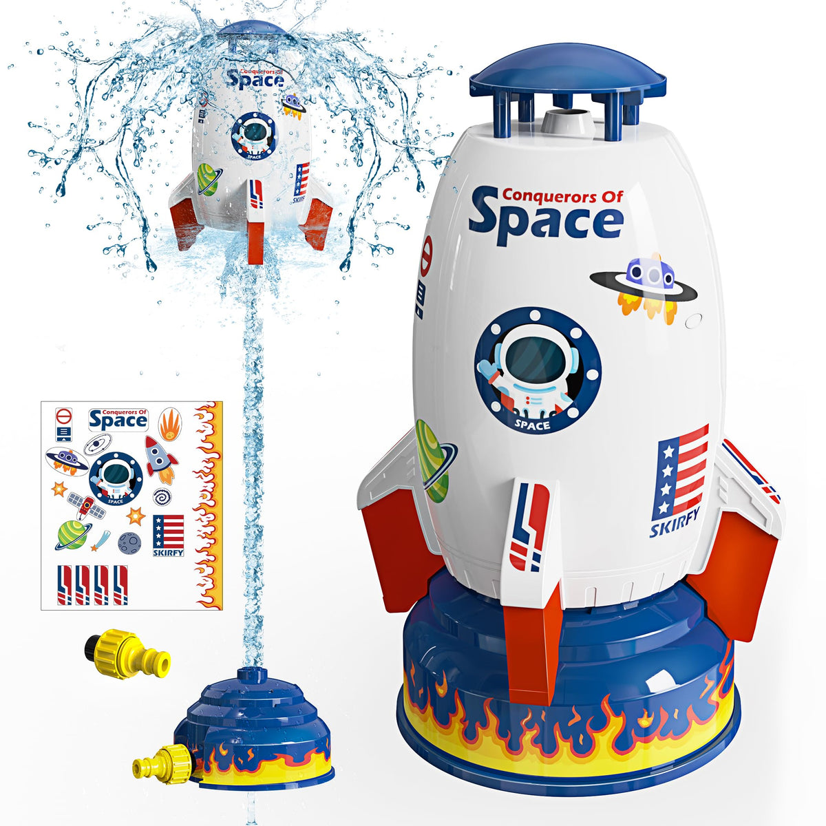 Skirfy rocket sprinkler base provides fun water lift for outdoor play