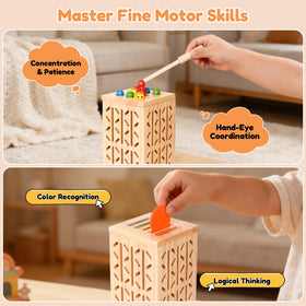 Wooden tower and ball-drop action for fine motor skills with SkyAmbition