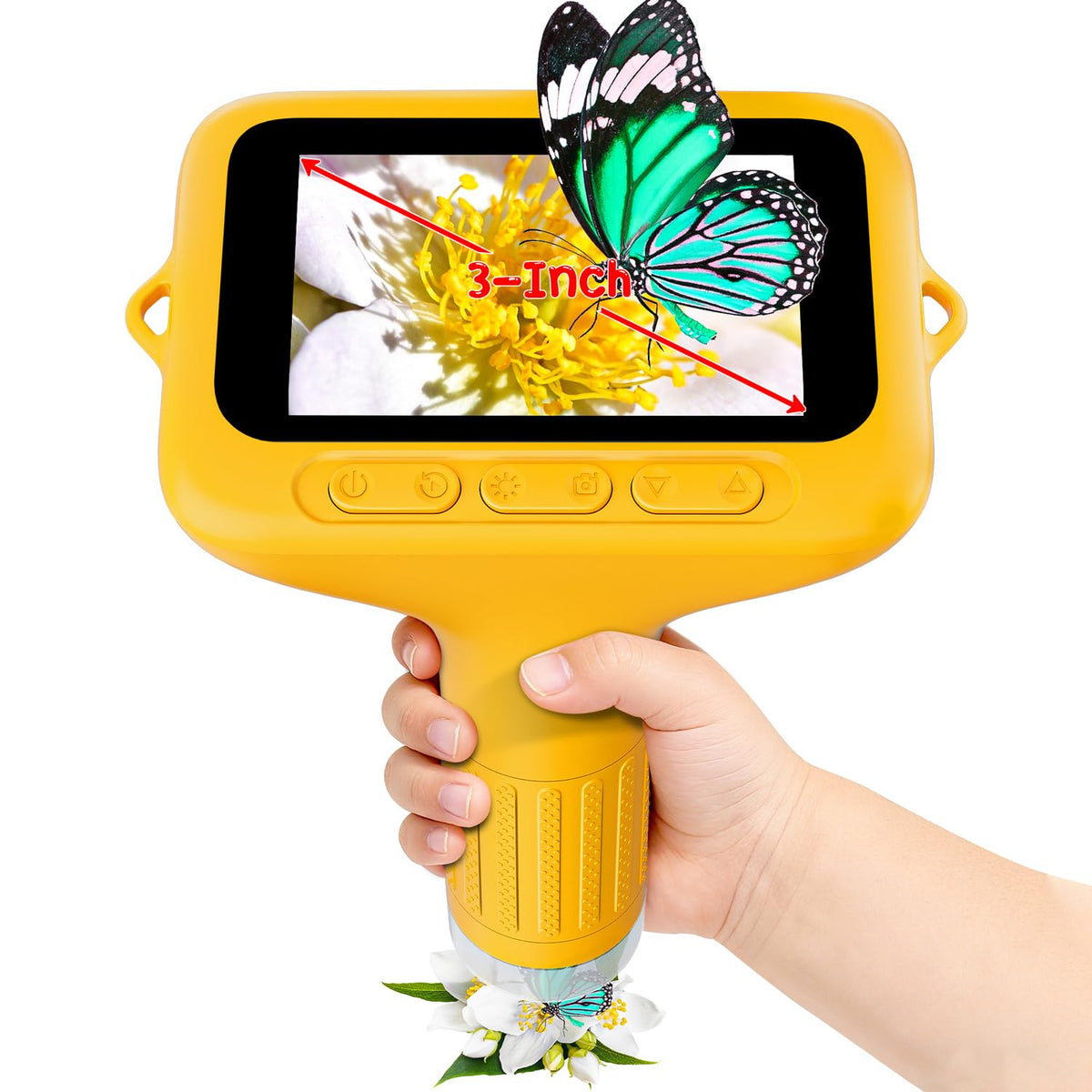 SKYBASIC digital microscope with a 3-inch display for bright, close-up observations.