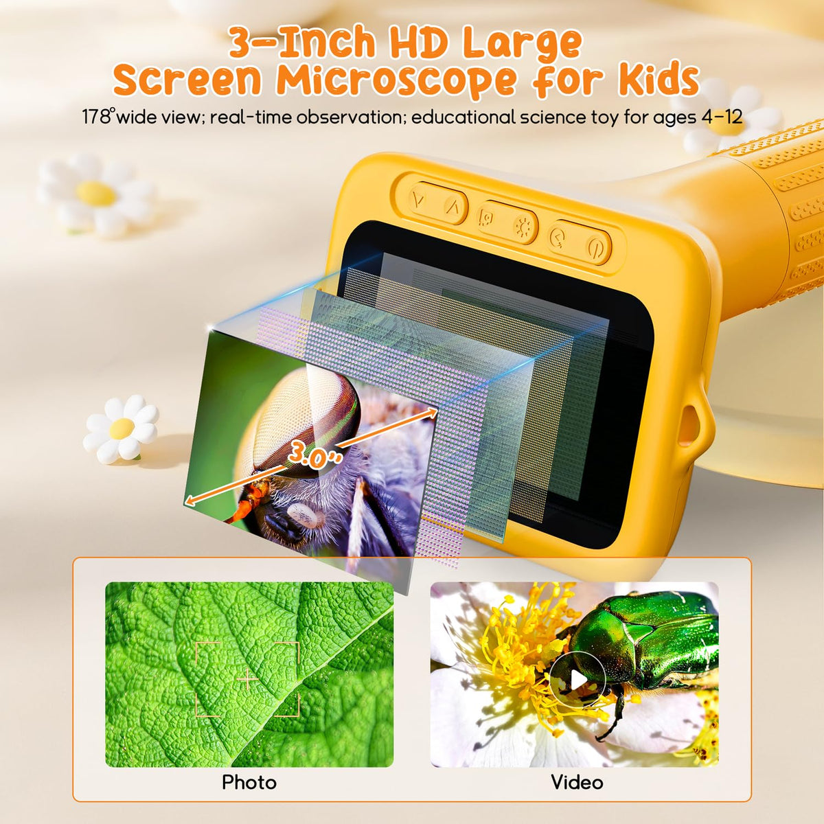 SKYBASIC kid microscope showing adjustable LED lights for clear views.