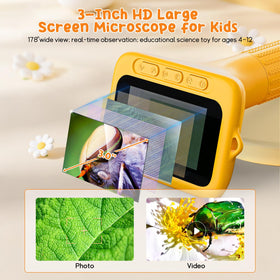 SKYBASIC kid microscope showing adjustable LED lights for clear views.