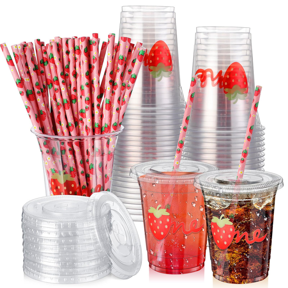 Skybooly strawberry cups with lids ready for spill-safe serving at a party.