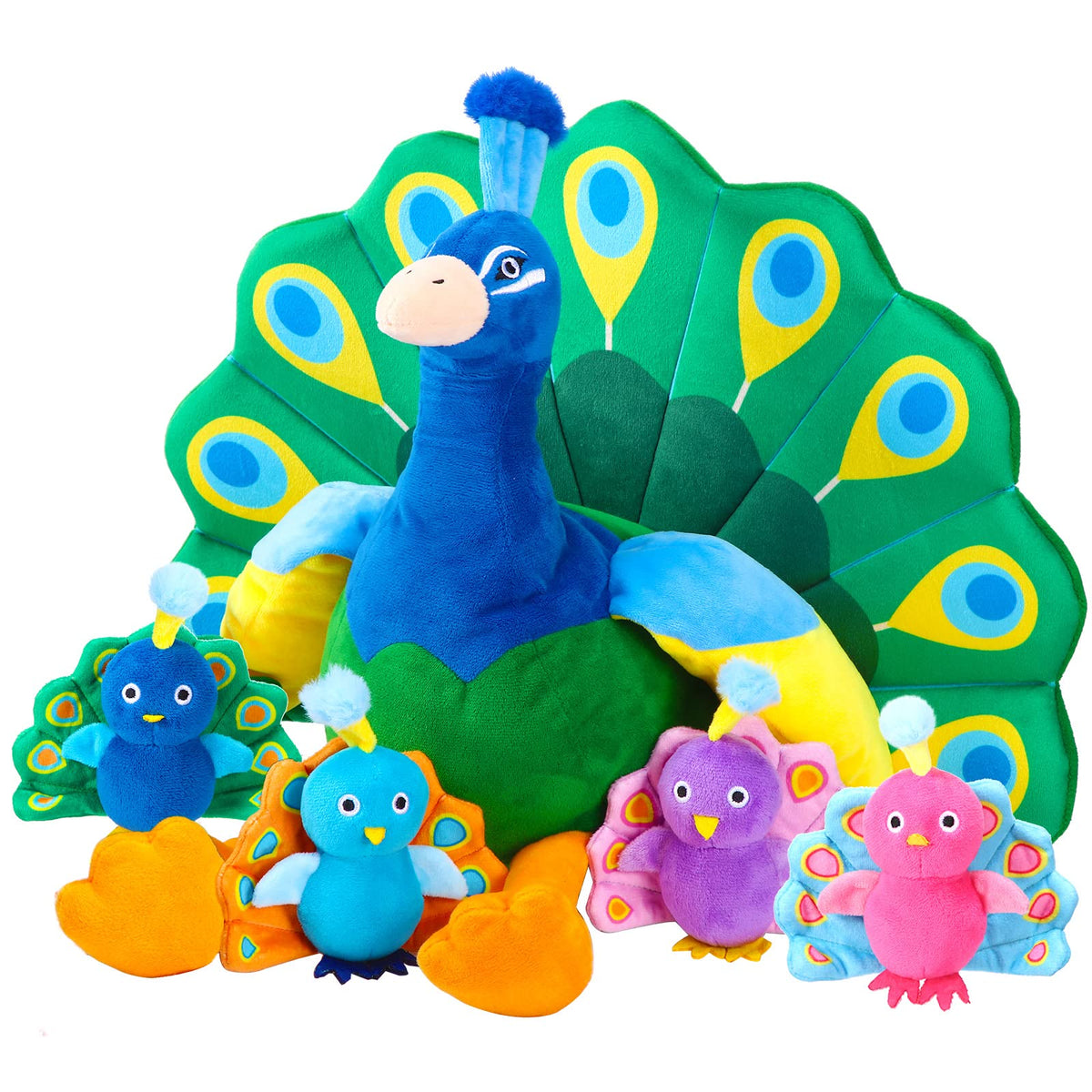 Skylety 18-inch peacock plush front view for cozy bedroom decor