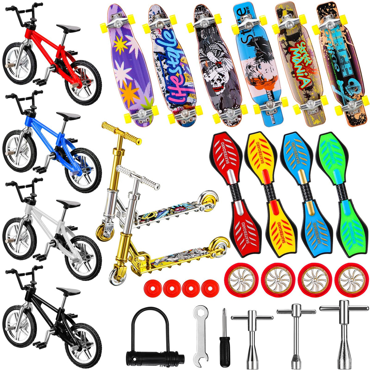 Skylety mini finger skateboards with varied patterns for portable play and hand-eye coordination