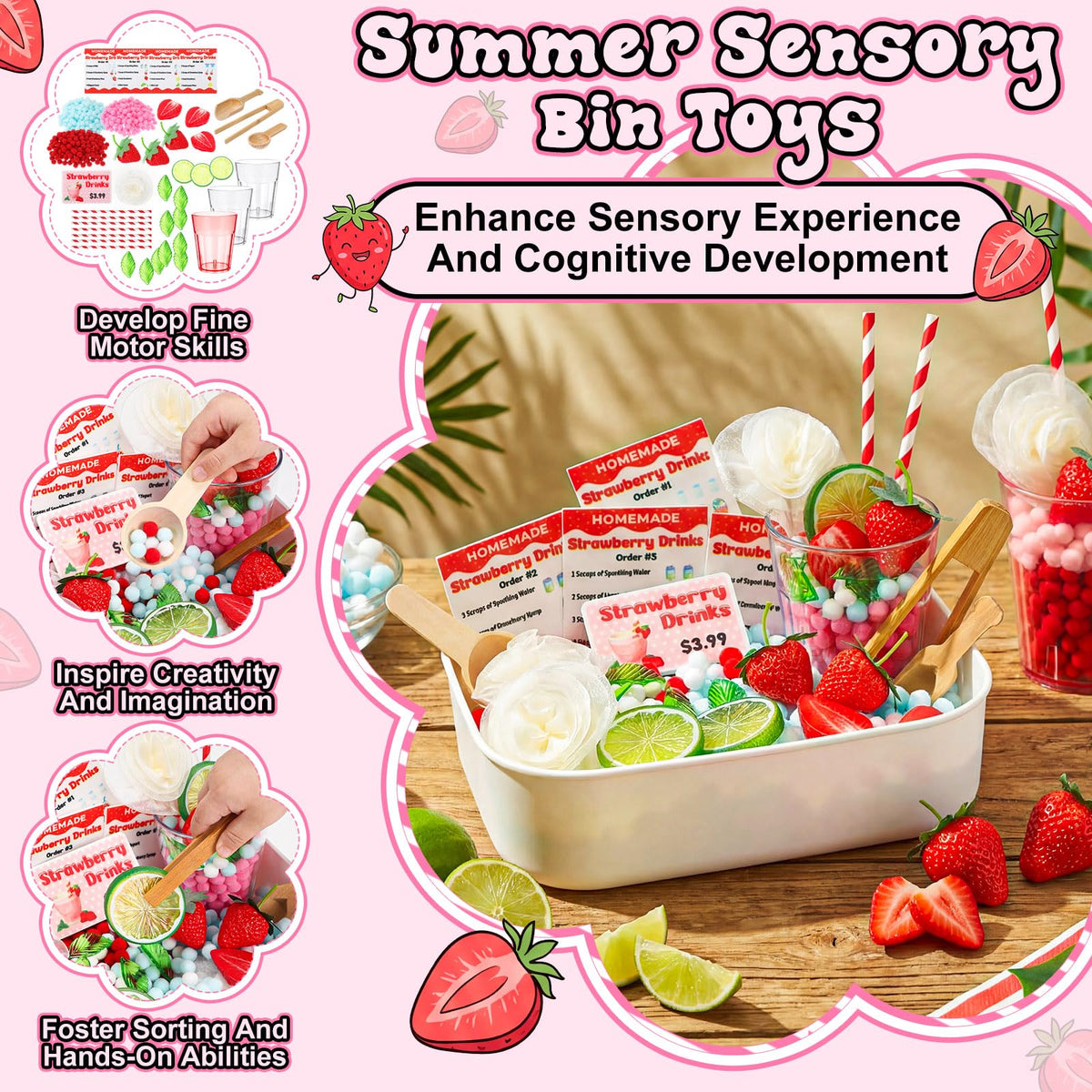 Skylety artificial strawberries and lemon slices enhance a realistic beverage scene for tactile learning.