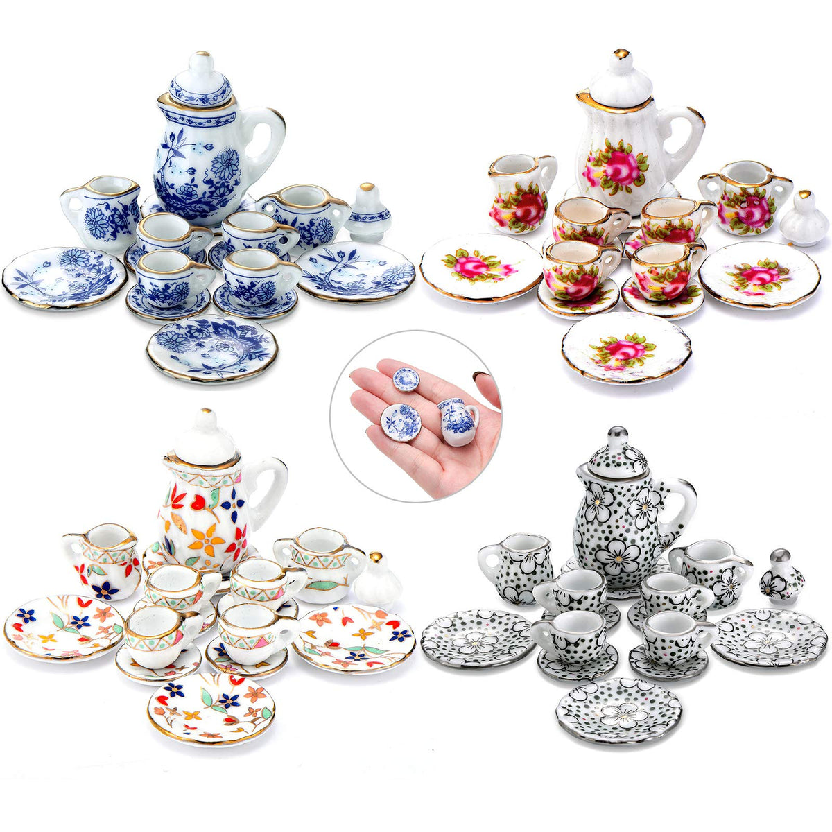 Skylety Blooming Porcelain teapots and sugar bowls for a dollhouse kitchen display