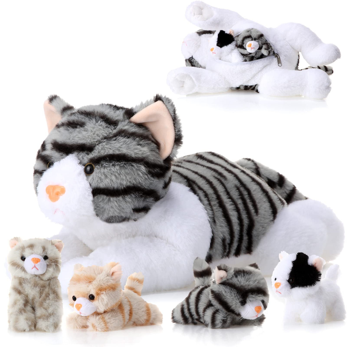 Skylety cat mom plush with gray belly pocket, a cuddly desk centerpiece.