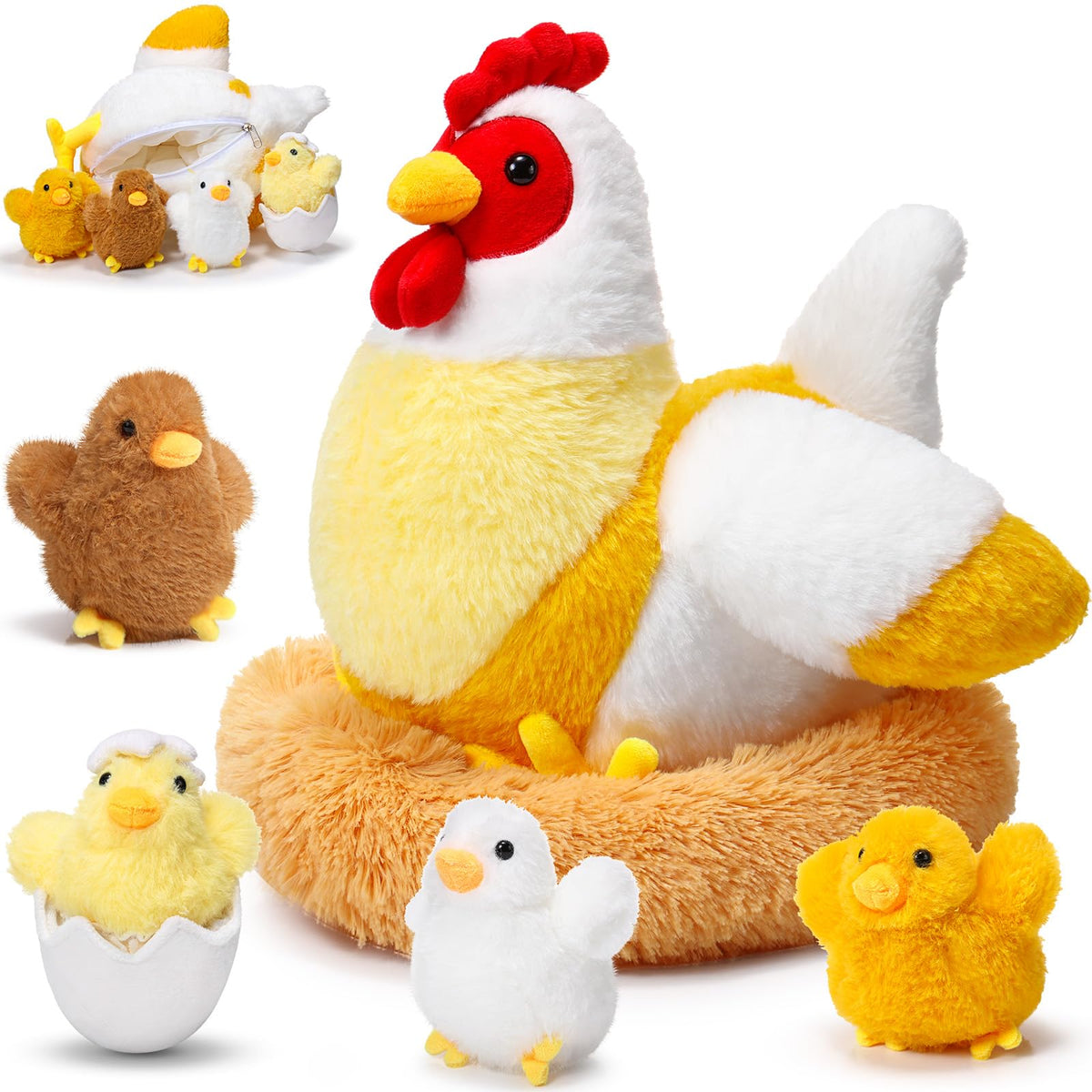 Skylety chicken stuffed animal with zippered belly and chicks for interactive play