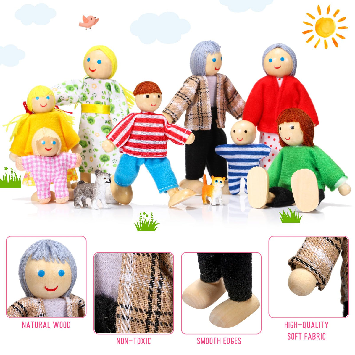 Skylety family dolls including grandparents, parents and children in scenes