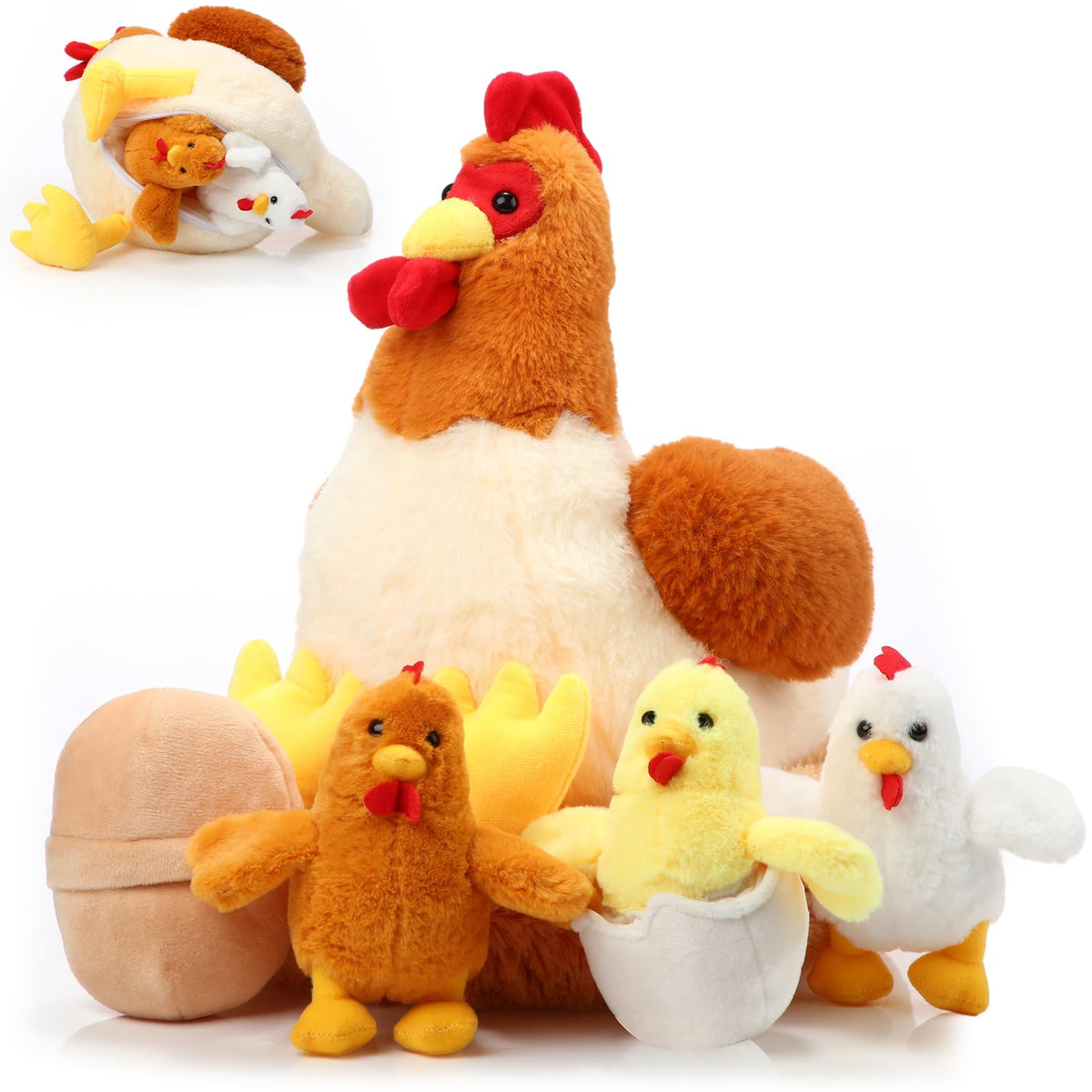 Skylety hen stuffed animal with chick inside, ideal for cuddles and pretend play.