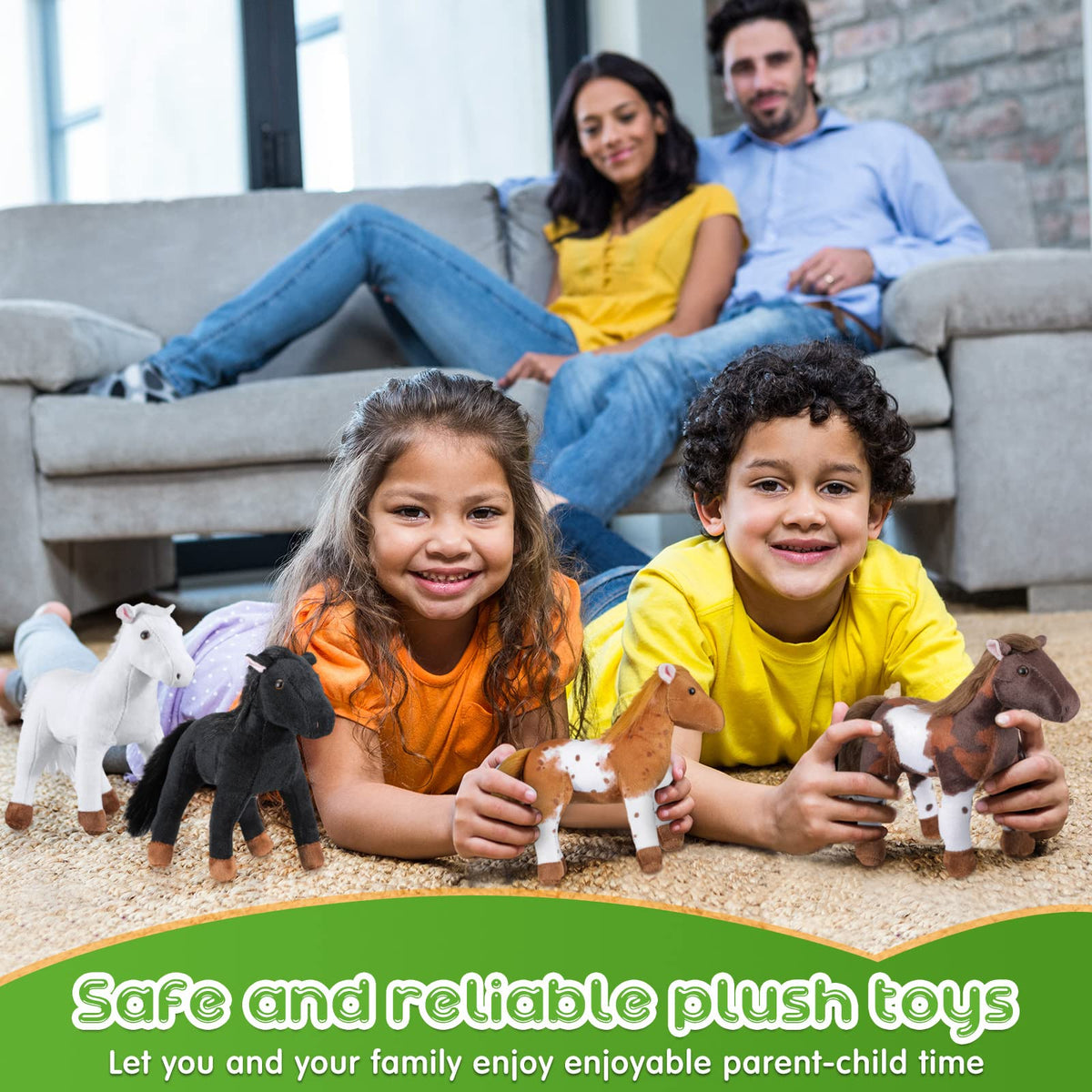 Skylety horse plush packaging shows pack of four ready to gift.