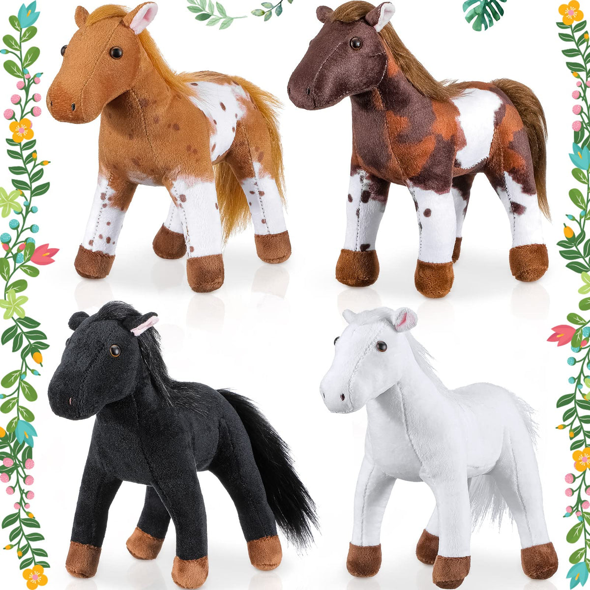 Skylety horse plush set in four colors for cuddling and decor.
