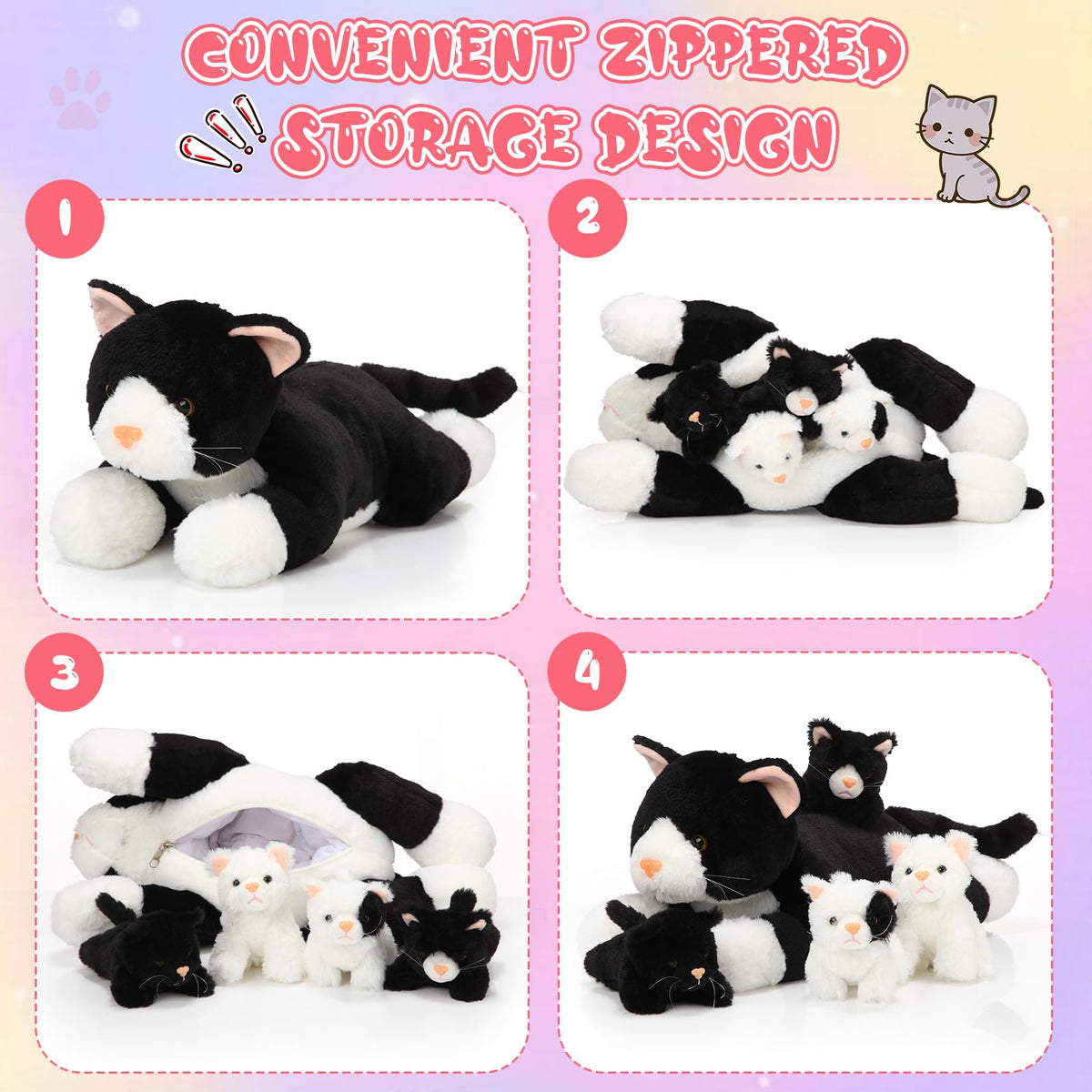 Skylety large mom cat measures 40 cm for desk or bed use.
