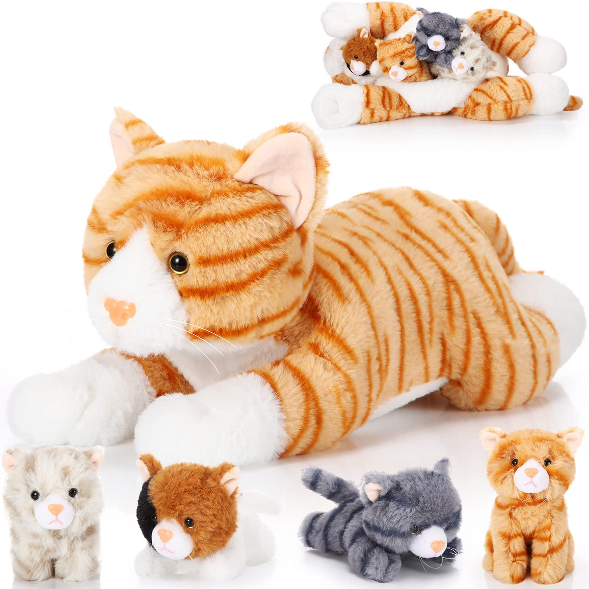 Skylety mommy cat with belly pocket holding four kittens for cozy desk decor