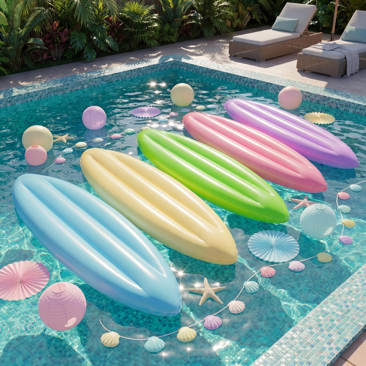 Skylety pastel cream pink inflatable surfboard, cute tropical decor for photos.