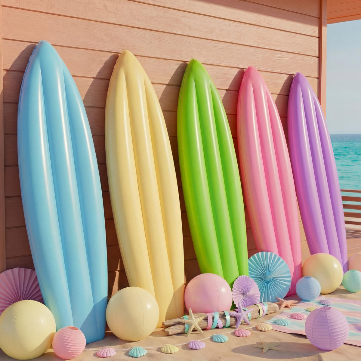 Skylety pastel mint green inflatable surfboard, ideal for beach play and pool photo props.
