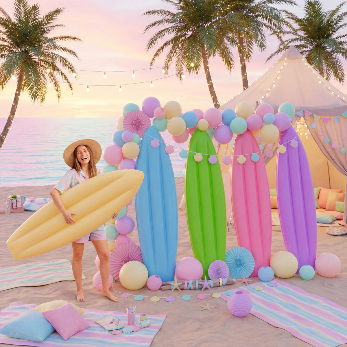 Skylety pastel inflatable surfboard pack, colorful set for coordinated party décor.