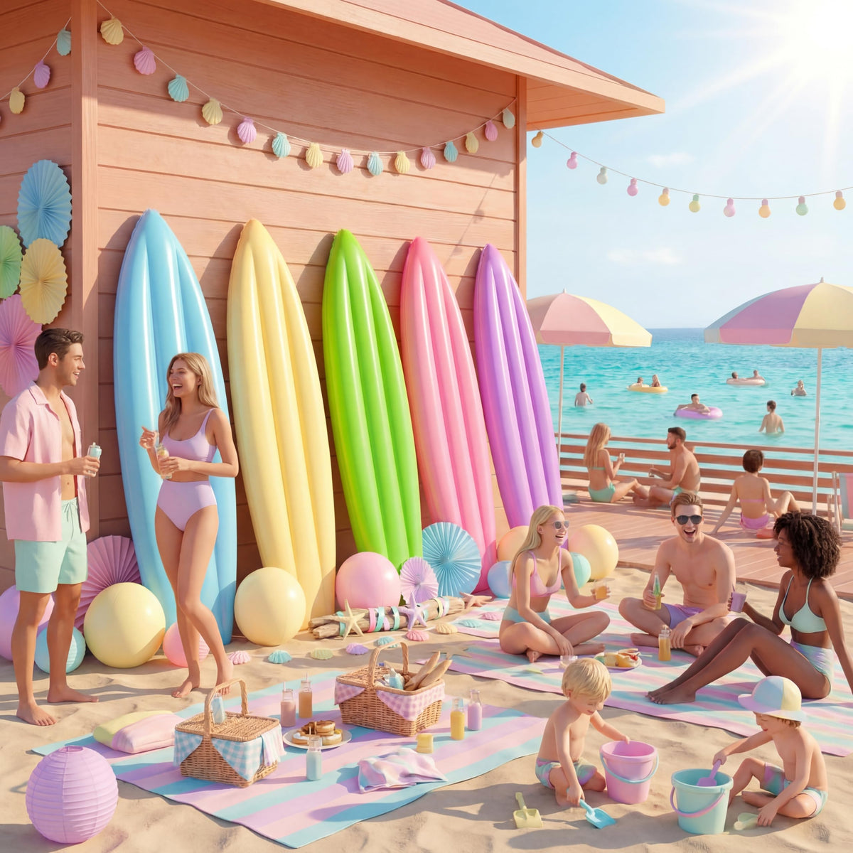 Skylety pastel yellow inflatable surfboard, vibrant prop for sunny pool parties.