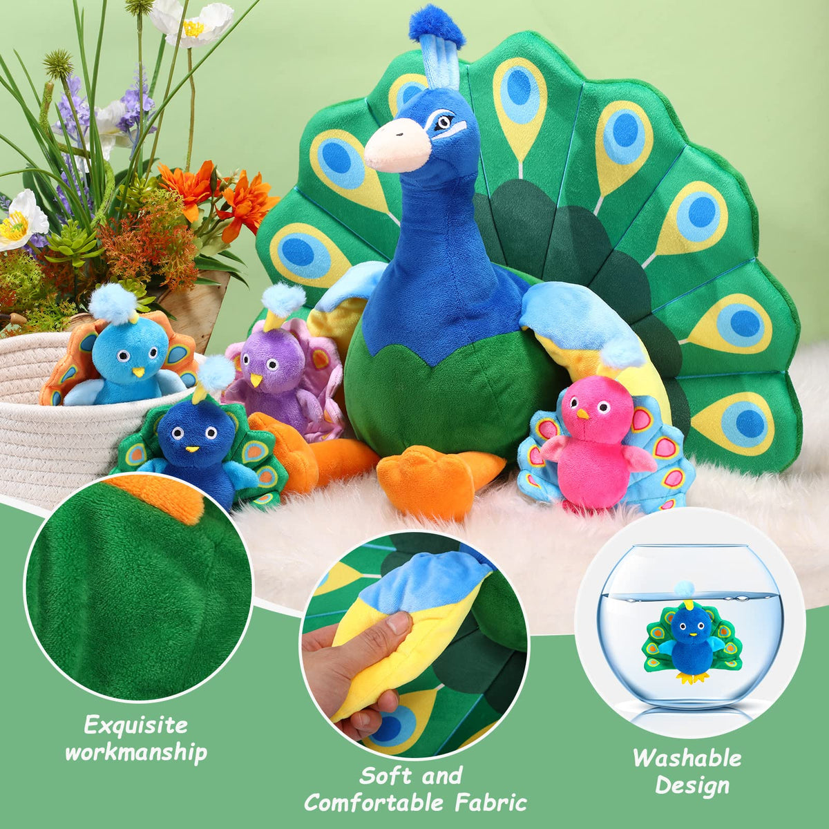 Skylety peacock plush close-up showing soft fabric texture and craftsmanship