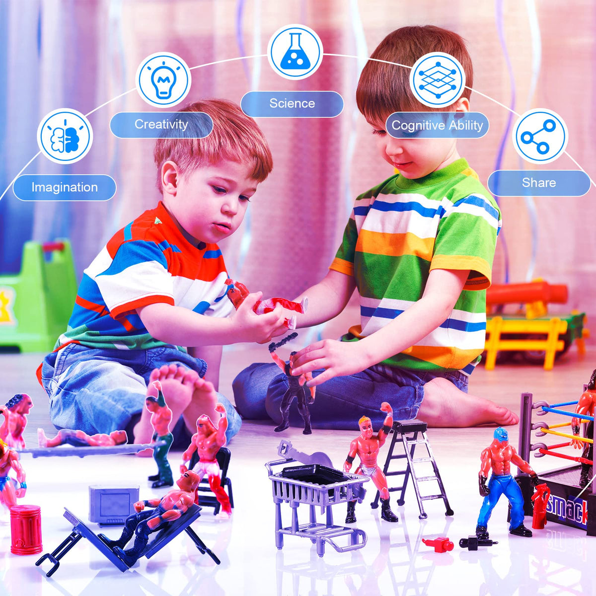 Skylety playset scene props including cage, ladders, and desks