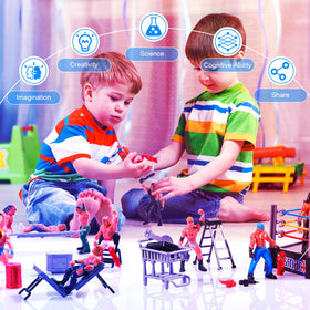 Skylety playset scene props including cage, ladders, and desks