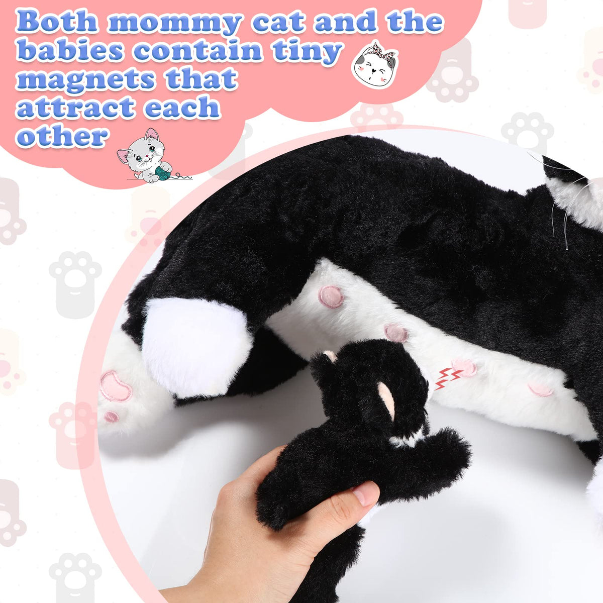 Skylety plush cats belly magnets detail for lifelike bonding.