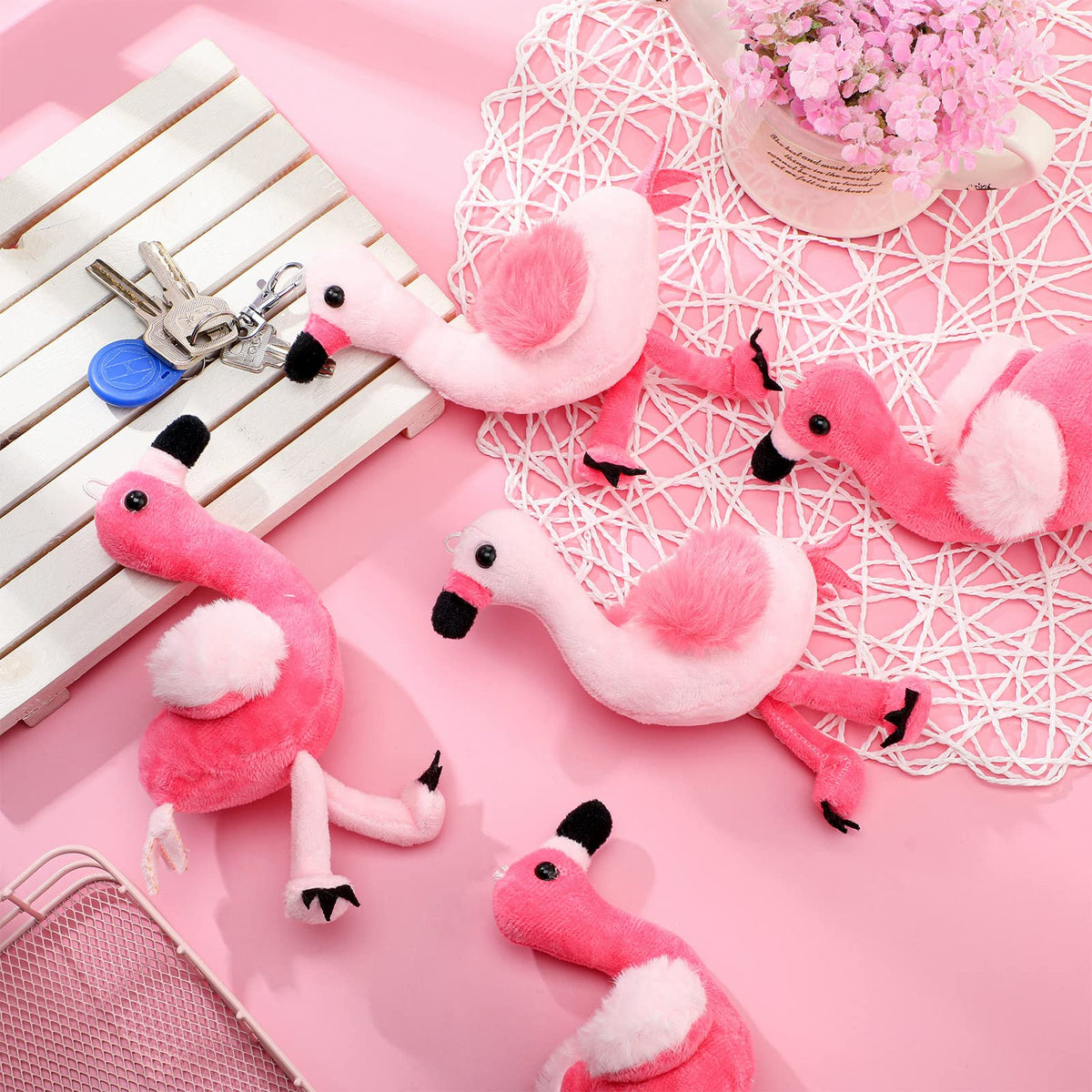 Skylety flamingo keychain hanging on bag demonstrates easy attachment to items