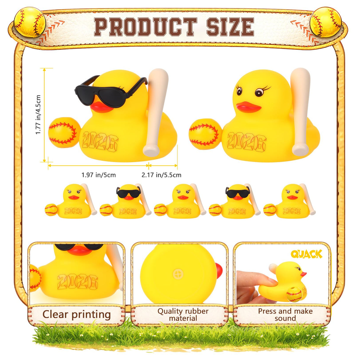 Skylety 2-inch softball duck with bat and ball for team gifts.