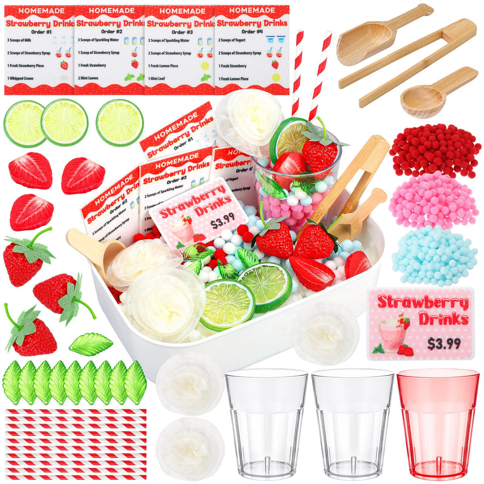 Skylety strawberry smoothie stand props for vivid spring role-play and sensory exploration.