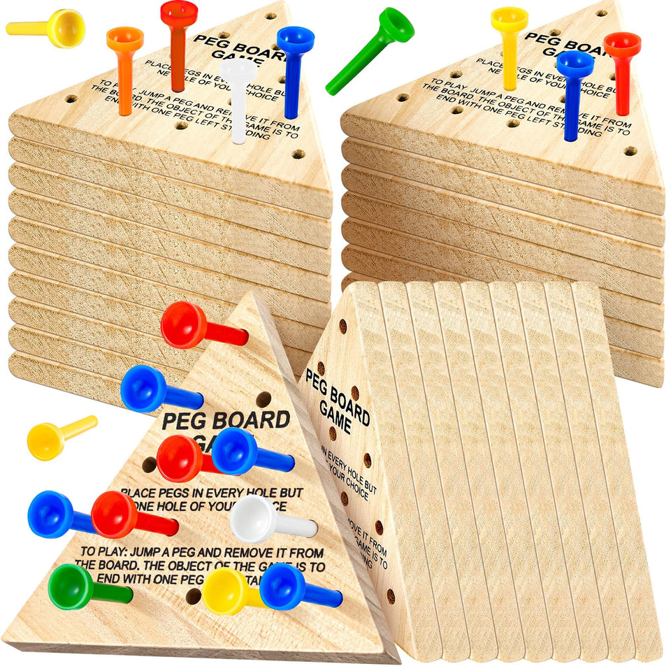 Skylety triangle peg game board with multicolor pegs for family fun and quick brain workouts.