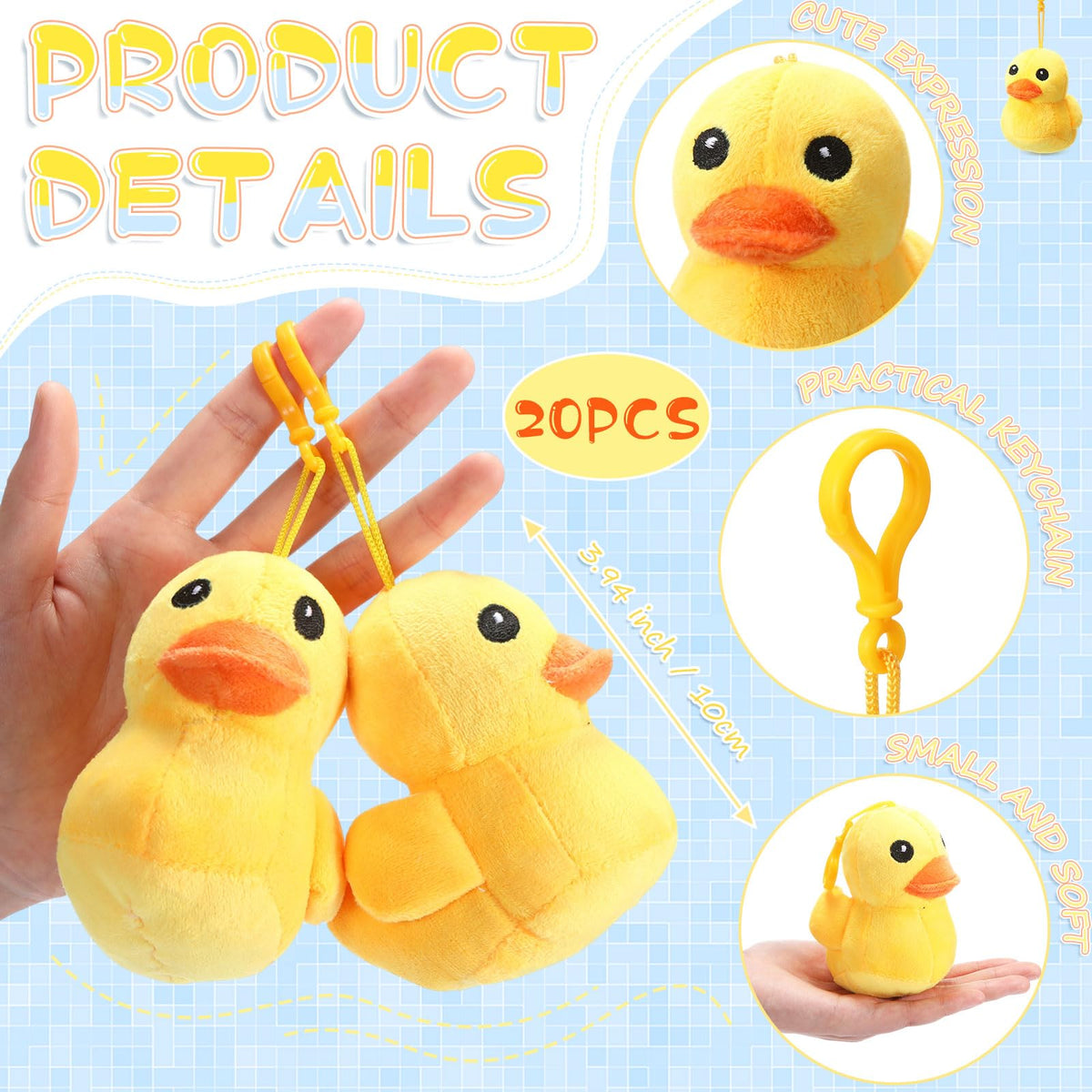Skylety yellow duck plush side view, great for displays.