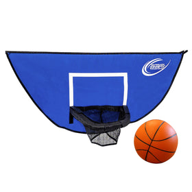 Skywalker Sports basketball game attached to a backyard trampoline for safe, fun play.