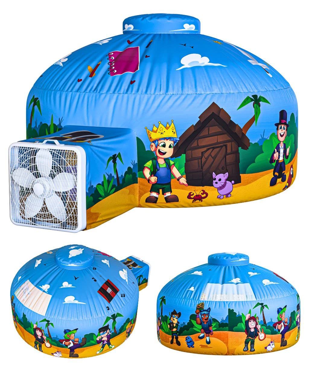Skywin Blox Fortress inflates quickly with a fan for fast indoor setup.