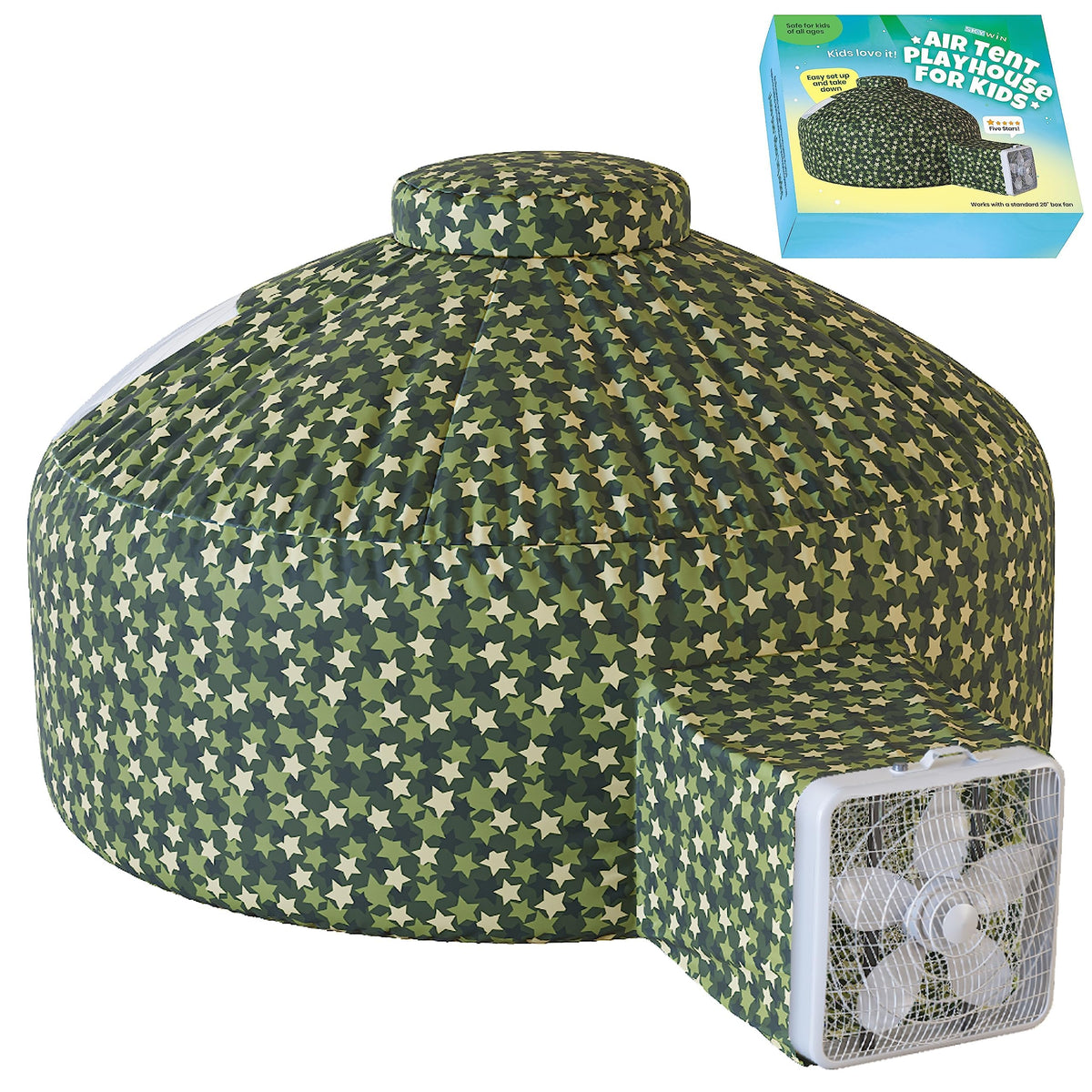 Skywin Forest Fort air tent front view shows quick setup for instant indoor adventures