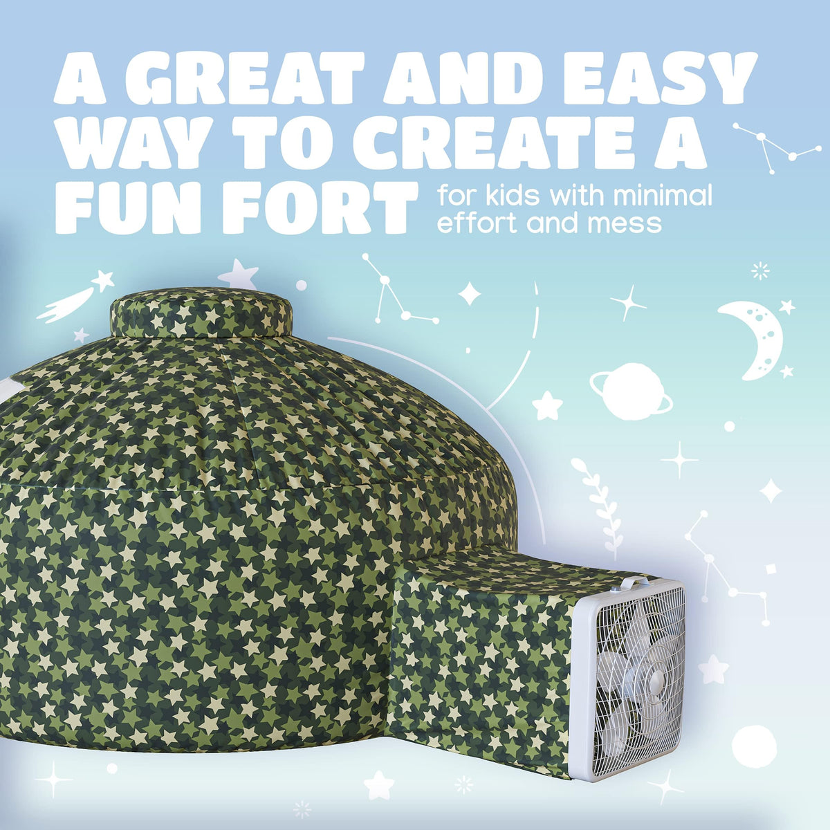 Skywin Forest Fort air tent open setup demonstrates quick inflating action and ready play