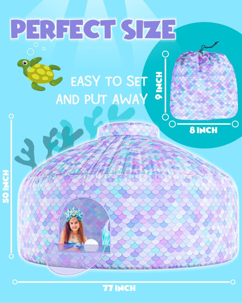 Skywin Mermaid Magic Fort Air Tent mermaid-scale pattern sparks ocean play