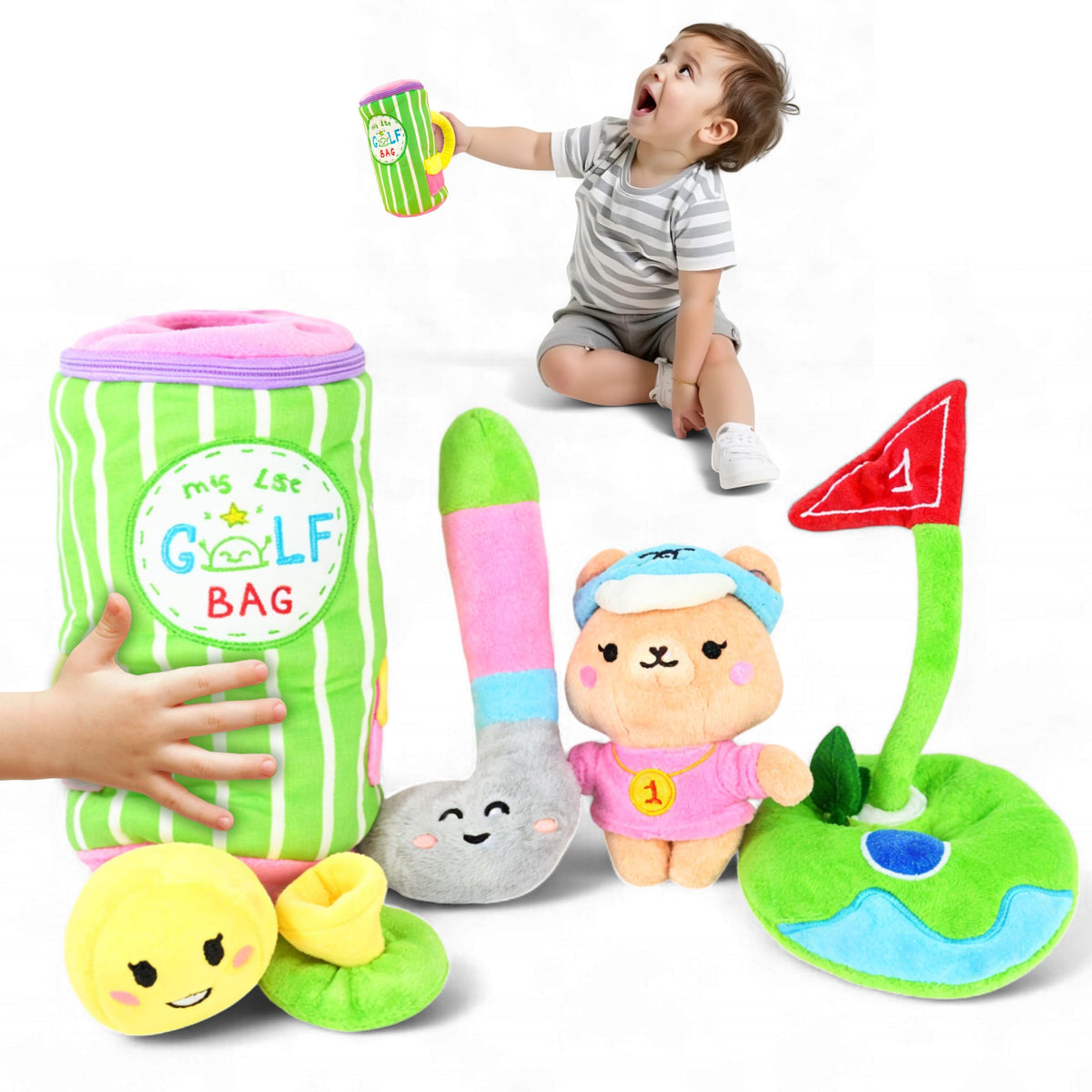 Skywin My First Golf Bag Playset soft ball invites safe sensory exploration.