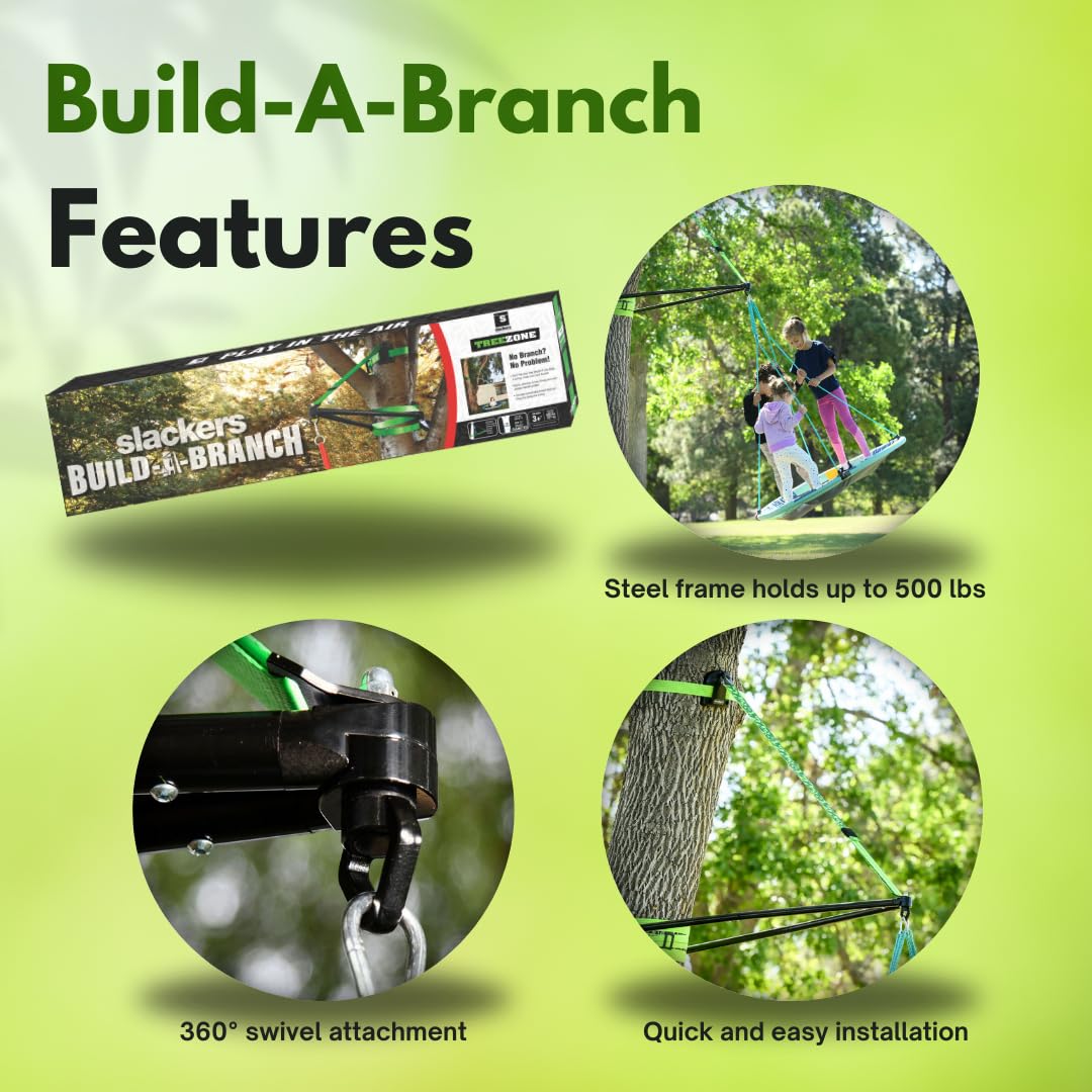 Slackers Build-A-Branch diameter-range guide shows 12–24 inch trunk compatibility.