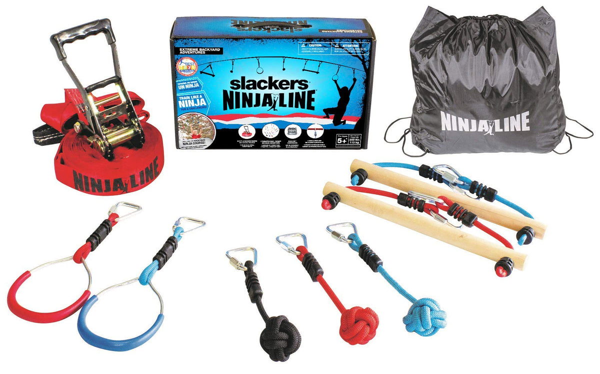 Slackers NinjaLine 36' slackline setup demonstrates balance training between posts or trees