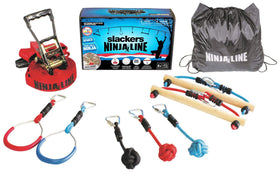 Slackers NinjaLine 36' slackline setup demonstrates balance training between posts or trees