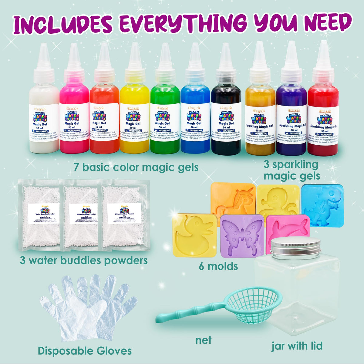 Sleepah Aqua Fairy Water Gel Kit molds for fairies, dinosaurs, and more.