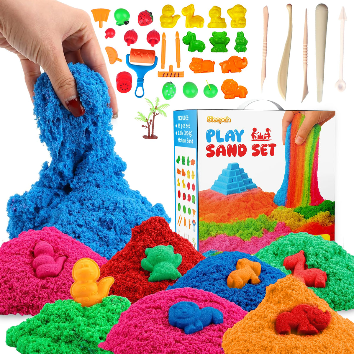 Sleepah play sand in five colors for creative shaping and sensory play.