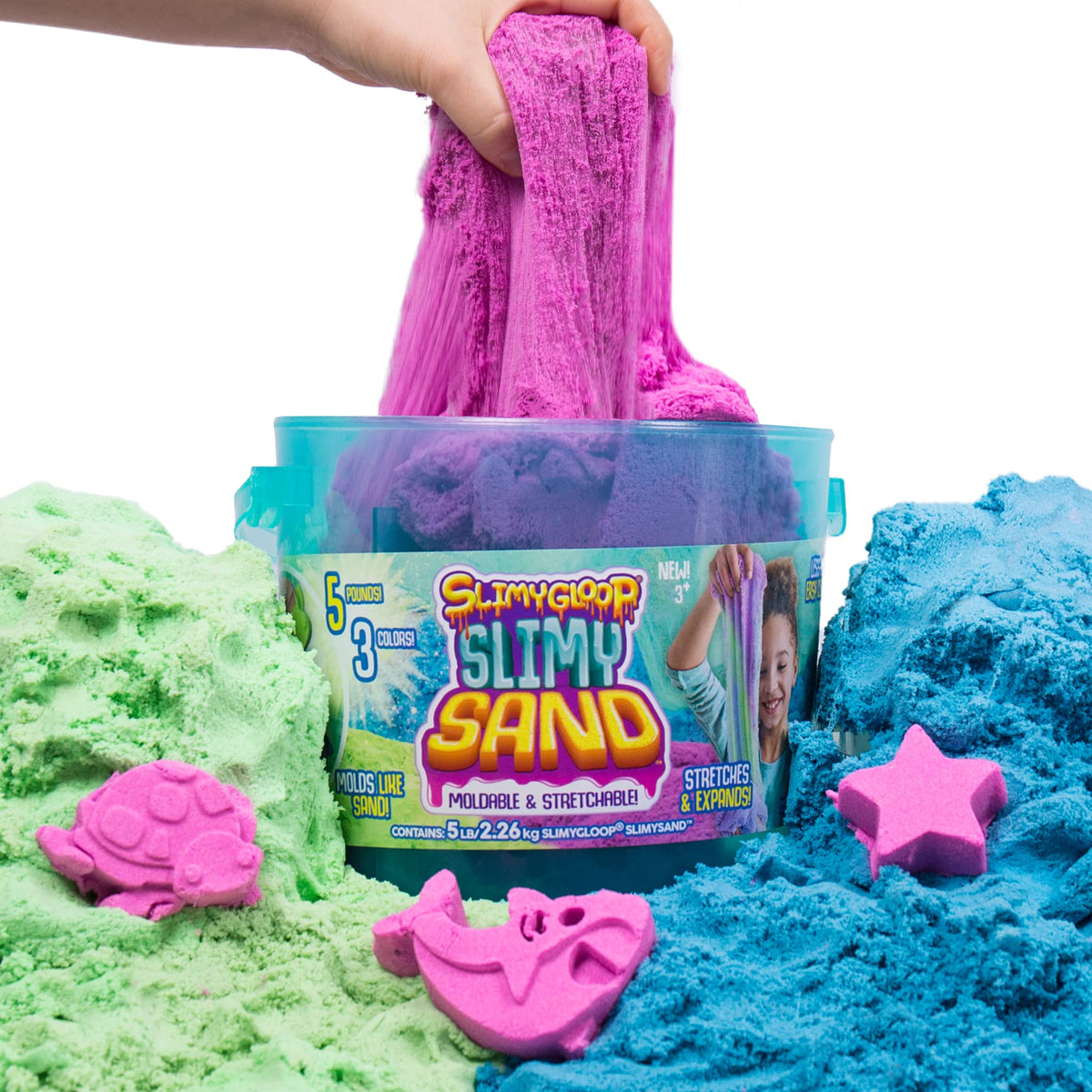SlimySand bucket open to reveal blue sand for tactile play.