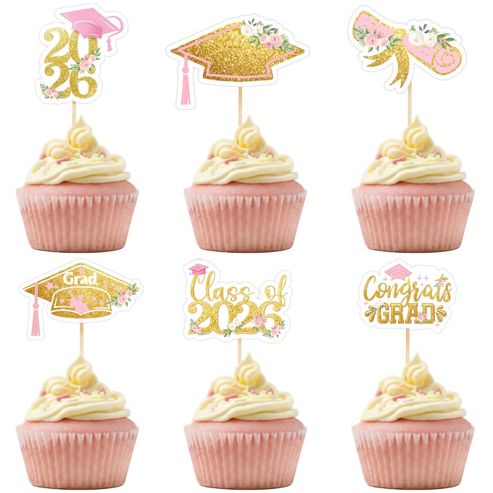 Sliner 2026 floral grad cap pattern topper enhances cupcakes with elegance.