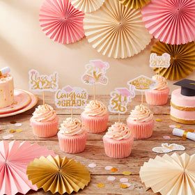 Sliner 2026 floral grad cap pattern topper brightens graduation cupcakes.